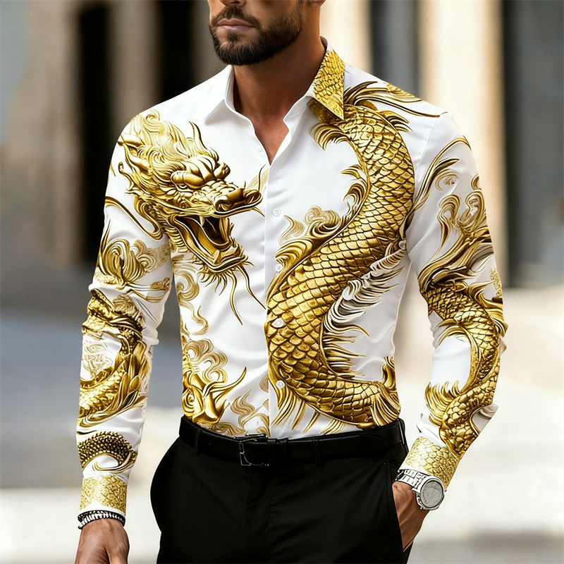 Street Fashion In Chinese - Herrenhemd, Langarmhemd, chinesisches Drachen-HD-Muster, 3D-Druck, Revers,