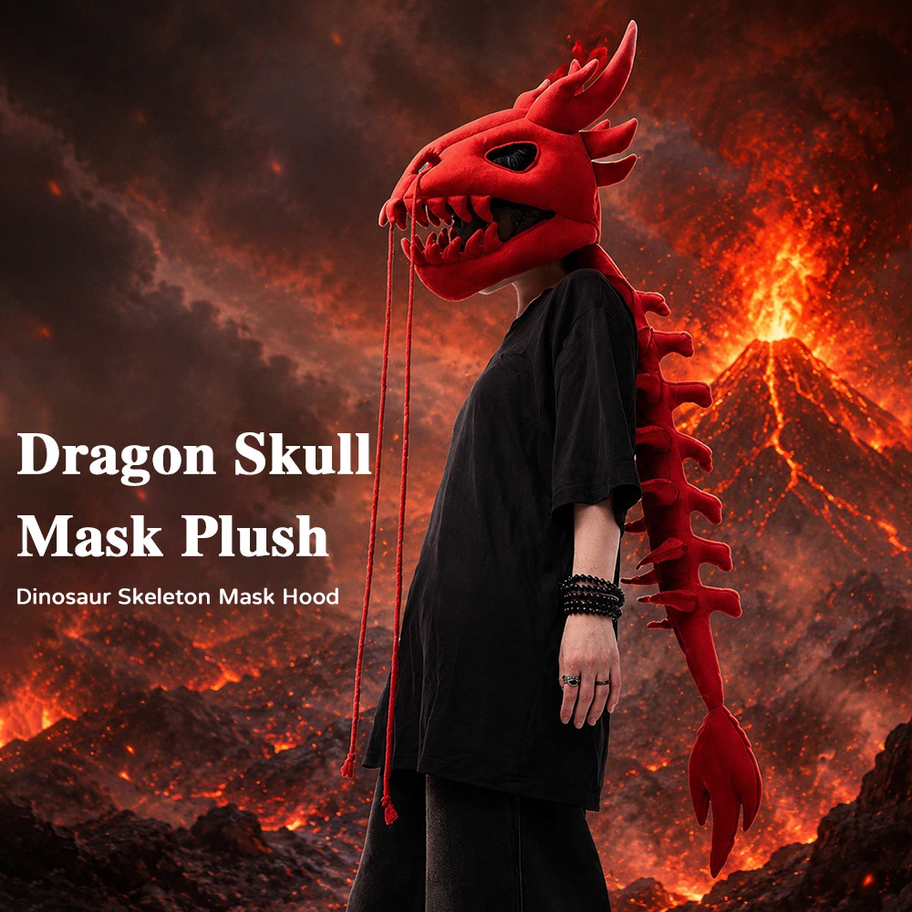 Street Fashion In Chinese - Drachen-Schädel-Säulen-Plüschhaube Lange Dinosaurier-Skelett-Kopfmaske Cosplay-Party-Kopfbedeckung für Halloween-Kostüm